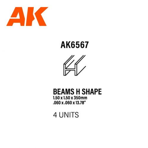 BEAMS H SHAPE 1.5 x 1.5 x 350 mm x 4 units STYRENE