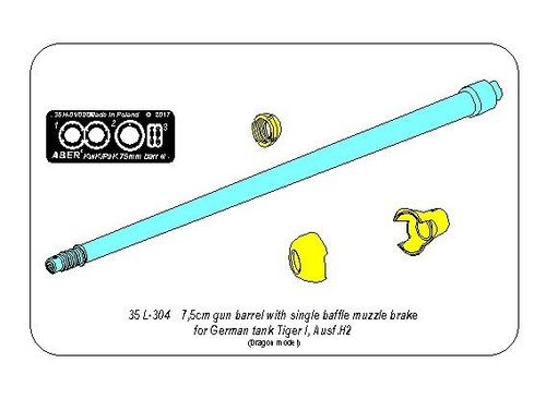 7,5cm gun barrel with single baffle muzzle brake for German Tank Tiger I, Ausf.H2 (Dragon)